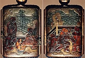 Case (Inrō) with Design of Chinese Persons on a Verandah against Stylized Wave Background by Unknown Artist