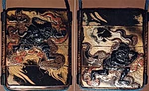 Case (Inrō) with Design of Bishamon (or Idaten) Pursuing an Onî (Demon) on Clouds by Unknown Artist