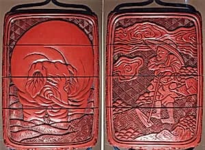 Case (Inrō) with Design of Elephant on Brocade Pattern (obverse); Person with Wide Hat and Hoe (reverse) by Unknown Artist