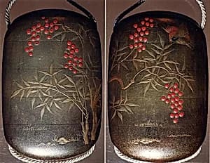Case (Inrō) with Design of Sparrow in Flight above Manten Plants with Red Berries by Unknown Artist