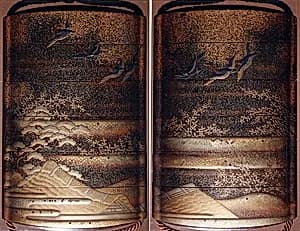 Case (Inrō) with Design of Geese in Flight above Thatched Roofs and Pines by Unknown Artist