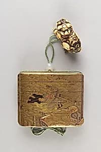 Case (Inrō) with Design of Samurai Kneeling on Bridge among Pines and Waves by Unknown Artist