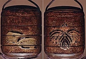 Case (Inrō) with Design of Large Kiri Mon (obverse); Two Brocade Pouches (reverse) by Unknown Artist
