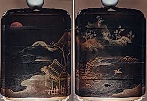 Case (Inrō) with Design of Thatched Hut with Crane, Reeds and Mountains by Unknown Artist