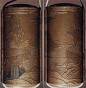 Case (Inrō) with Design of Chinese-Style Landscape with a Building (obverse); Waterfall with Cloud Bands (reverse) by Unknown Artist