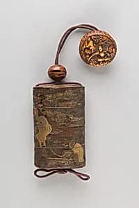 Case (Inrō) with Design of Monkey Trainer and Seated Monkey on Leash (obverse); Bundle, Hat, Sticks and Staff (reverse) by Unknown Artist