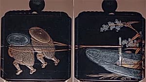 Case (Inrō) with Design of Two Persons with Wide Hats Pulling a Boat (obverse); Boat with Flowering Plants (reverse) by Unknown Artist