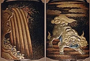 Case (Inrō) with Design of Lion (obverse); Waterfall (reverse) by Unknown Artist