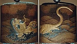 Case (Inrō) with Design of Tigers Swimming by Unknown Artist