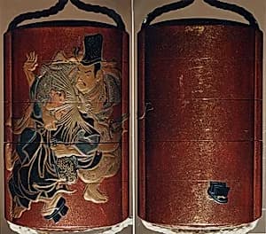 Case (Inrō) with Design of Tadamori Fighting with the Oil Thief (obverse); Sandal (Geta) which was Lost during the Fight (reverse) by Unknown Artist