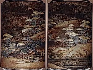 Case (Inrō) with Design of Crows on Bridge beside Autumn Flowers by Unknown Artist