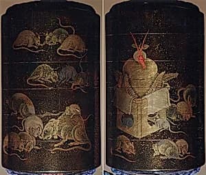Case (Inrō) with Design of Rats Eating Rice beside New Year Arrangement with Mochi and Crayfish by Unknown Artist