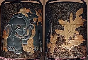 Case (Inrō) with Design of Blind Men Climbing all over Elephant Beside Banana Plants by Unknown Artist