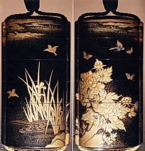 Case (Inrō) with Design of Birds in Flight above Flowering Iris (obverse); Butterflies above Flowering Peony (reverse) by Unknown Artist