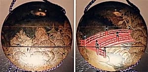 Case (Inrō) with Design of Semi-Circular Bridge (obverse); Crows in Flight Beside Pagoda (reverse) by Unknown Artist