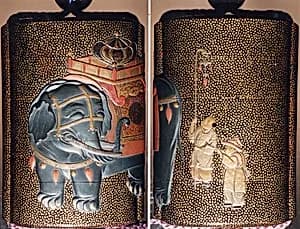 Case (Inrō) with Design of Caparisoned Elephant Standing (obverse); Two Karako with Trumpet, Banner (reverse) by Unknown Artist