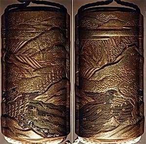 Case (Inrō) with Design of Hilly Landscape with Maple and Cherry Trees beside a River by Unknown Artist