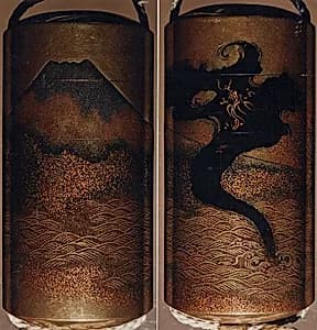 Case (Inrō) with Design of Dragon in Clouds Emerging from Waves before Mount Fuji by Unknown Artist