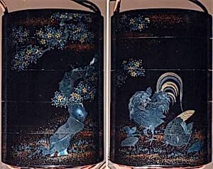 Case (Inrō) with Design of Rooster and Chickens Beneath Flowering Cherry Tree by Unknown Artist