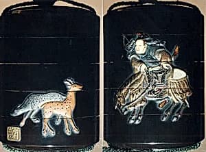 Case (Inrō) with Design of Hunter Dismounting Horse (obverse); Two Spotted Deer (reverse) by Unknown Artist
