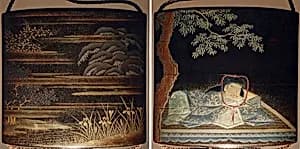 Case (Inrō) with Design of Young Man Lu's Dream (obverse); Cherry Tree and Irises Beside Water (reverse) by Unknown Artist