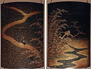 Case (Inrō) with Design of Pheasant on Path (obverse); Two Birds on Tree over Winding River (reverse) by Unknown Artist