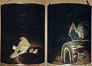 Case (Inrō) with Design of Rooster on Large Drum (obverse); Hen and Chicks (reverse) by Unknown Artist