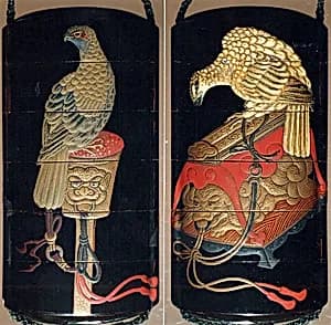 Case (Inrō) with Design of Hawks on Tasseled Perches by Kano Terunobu