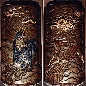 Case (Inrō) with Design of Chinese Sage beside and Ox (obverse); Dragon in Clouds over a Waterfall (reverse) by Unknown Artist