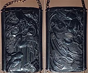 Case (Inrō) with Design of Fukurokuju (God of Longevity) Riding a Flying Crane before Waterfall (obverse); Kinko Sennin Riding a Carp on Waves (reverse) by Unknown Artist