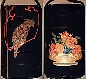 Case (Inrō) with Design of Parrot on Swing (obverse) Basket of Pomegranates (reverse) by Unknown Artist