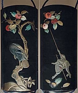 Case (Inrō) with Design of Monkeys Trying to get Persimmons with Stick (obverse); Hawk in Persimmon Tree (reverse) by Hanabusa Itchō