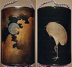 Case (Inrō) with Design of Heron Standing on One Leg (obverse); Full Moon among Clouds (reverse) by Unknown Artist
