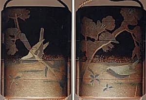 Case (Inrō) with Design of Bird Seated on Snowy Pine Branch (obverse); Bird beside Red Berry Plant (reverse) by Unknown Artist