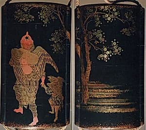 Case (Inrō) with Design of Two Tengu (Goblins) with Knapsack and Gourd, under a Cherry Tree by Unknown Artist