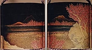 Case (Inrō) with Design of Pavilion on Rocks above Waves, with Flowering Plum Trees by Unknown Artist