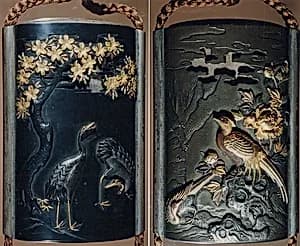 Case (Inrō) with Design of Two Cranes beneath a Flowering Cherry (obverse); Pheasant beside a Peony (reverse) by Unknown Artist