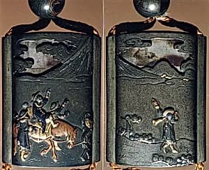 Case (Inrō) with Design of Foreigners on Horseback Looking at Mount Fuji by Unknown Artist