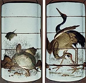 Case (Inrō) with Design of Standing Cranes (obverse); Tortoises beside Stones (reverse) by Unknown Artist