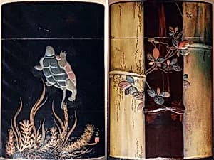 Case (Inrō) with Design of Tortoise Swimming above Water Weeds (obverse); Bamboo stems, Vines (reverse) by Unknown Artist