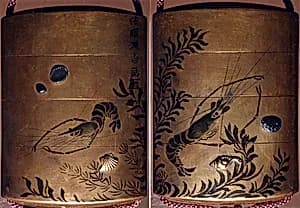 Case (Inrō) with Design of Crawfish and Scattered Shells beside Water Weeds and Plants by Hogen Dohaku