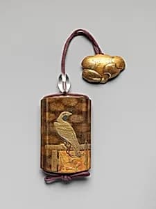 Case (Inrō) with Design of Two Hawks on Tasseled Perches by Unknown Artist