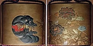 Case (Inrō) with Design of Flowering Peonies (obverse) Cat Biting into Peony Stem (reverse) by Unknown Artist
