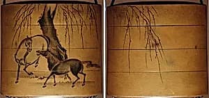 Case (Inrō) with Design of Two Horses beneath Leafless Weeping Willow Tree by Unknown Artist