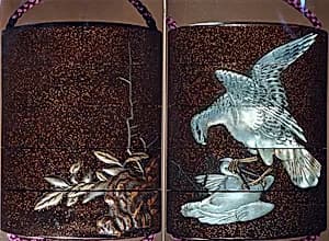 Case (Inrō) with Design of Hawk Attacking Crane beside Rocks and Plants by Unknown Artist
