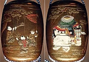 Case (Inrō) with Design of Caparisoned Elephant Standing beneath Pine Tree (obverse); Three Children with Trumpet, Cymbals and Banner (reverse) by Unknown Artist