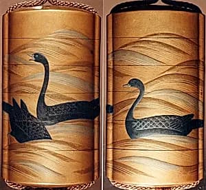 Case (Inrō) with Design of Three Geese Swimming and Diving on Waves by Unknown Artist