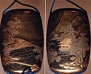 Case (Inrō) with Design of Building beside Winding River in Mountain Landscape and Full Moon by Unknown Artist