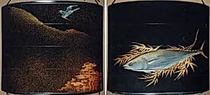 Case (Inrō) with Design of Flying Cuckoo in Flight above Pines (obverse); Bonito (Fish) on Bamboo Leaves (reverse) by Toyōsai (1772–1845)