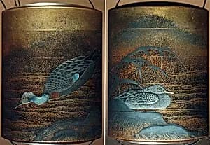 Case (Inrō) with Design of Ducks beside Snow-Covered Reeds and Shore by Unknown Artist